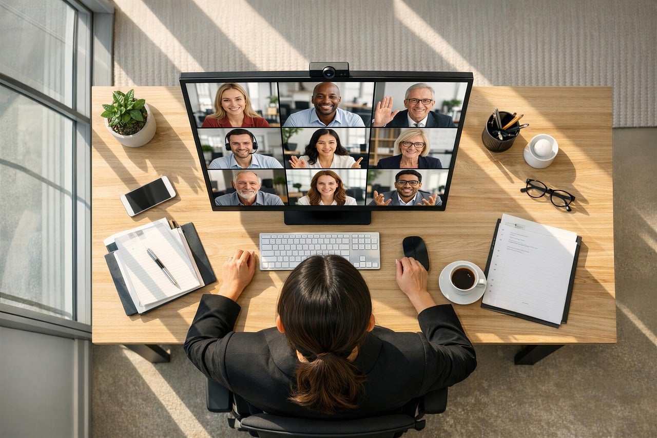 Distributed software testing team collaborating on a video call