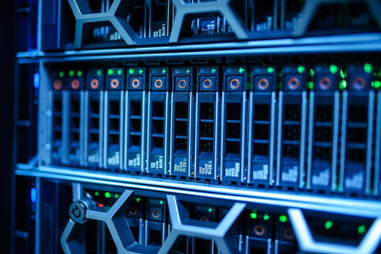 Rows of servers in a data center under load